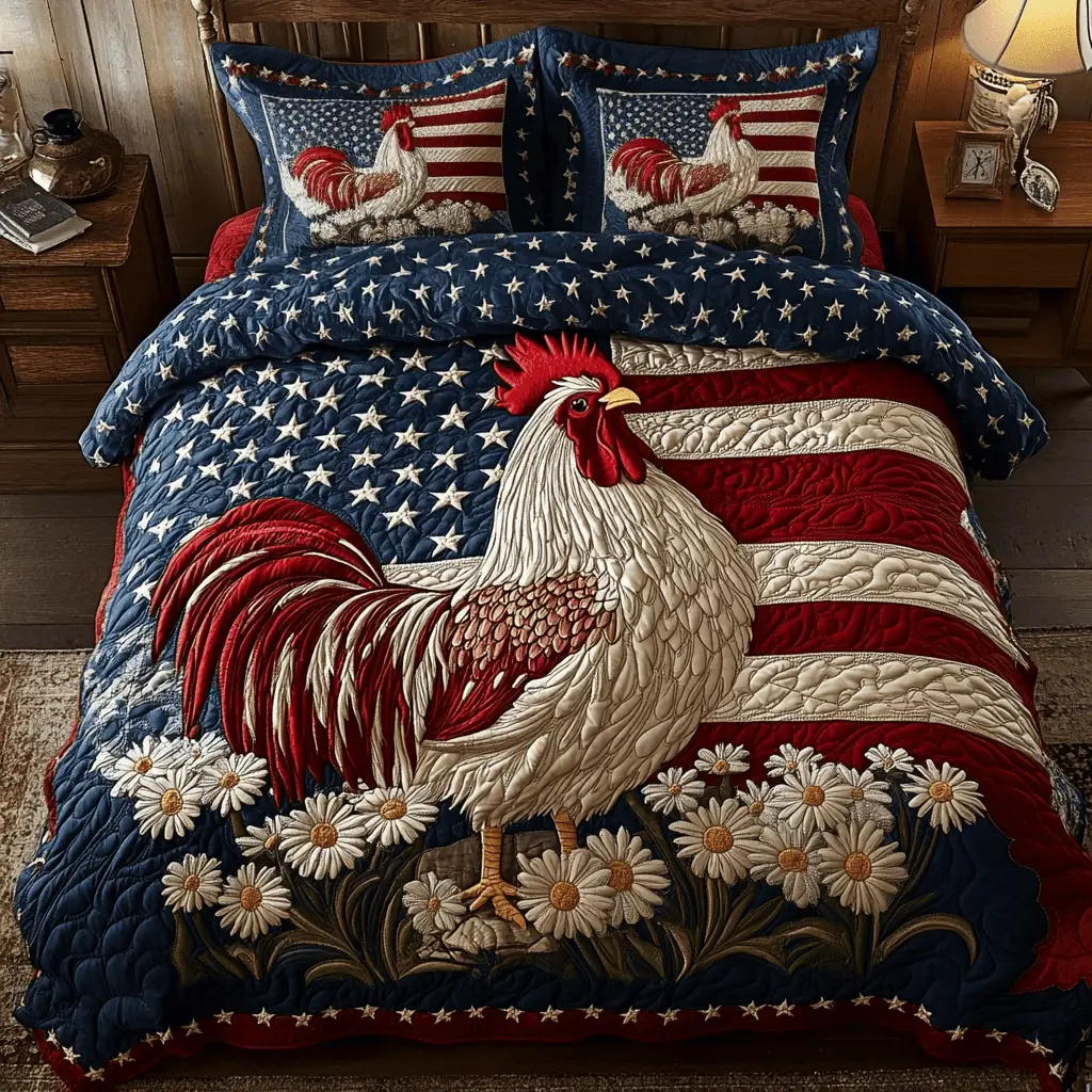Flag Rooster  Quilted Bedding Set  King Size Duvet Cover 4Th Of July Themed Gifts
