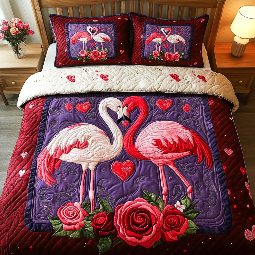 Flamingo Best Buddies Quilted Bedding Set Best Valentine Day Gifts For Women