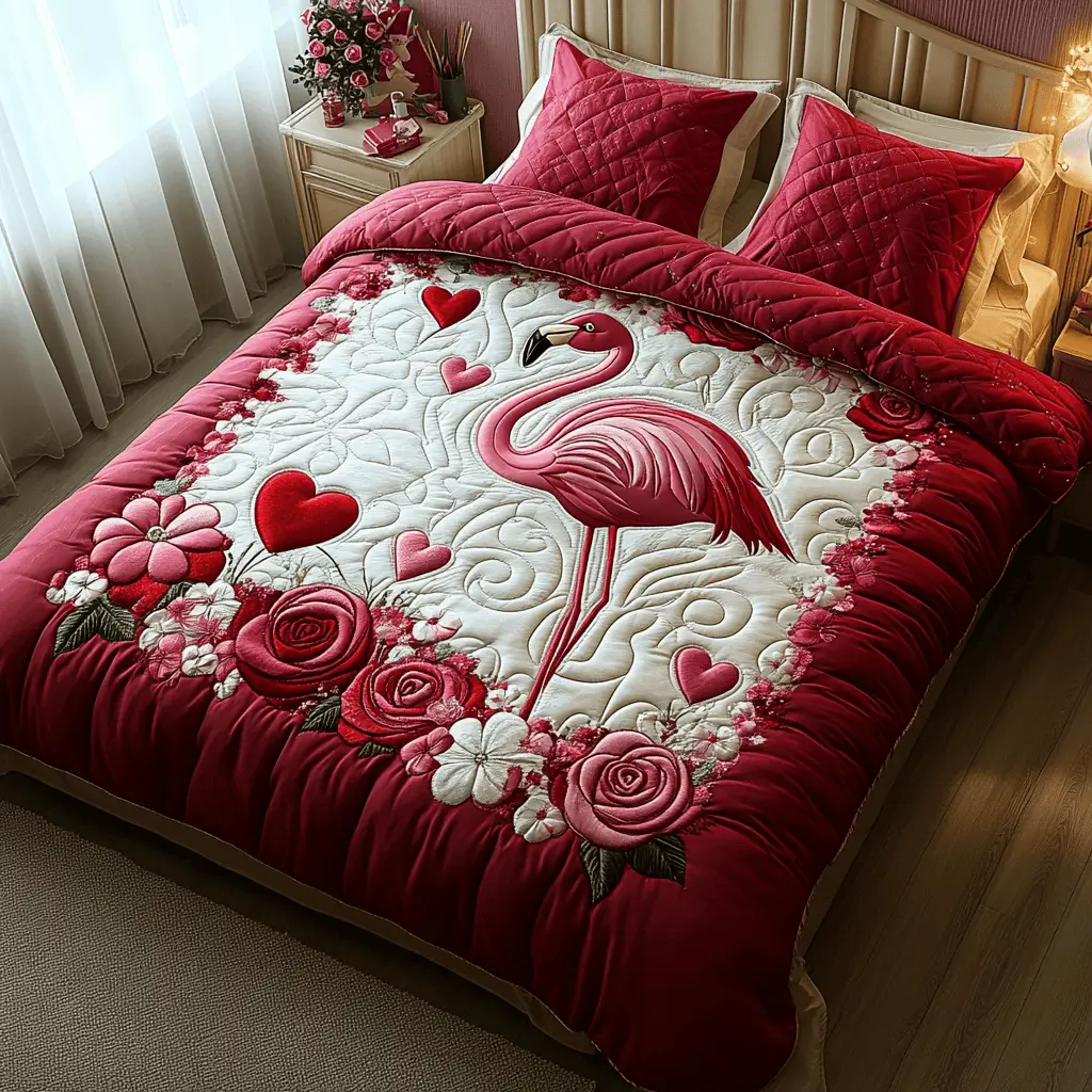 Flamingo Bliss Quilted Bedding Set Aesthetic Home Decor Best Valentines Gifts For Her
