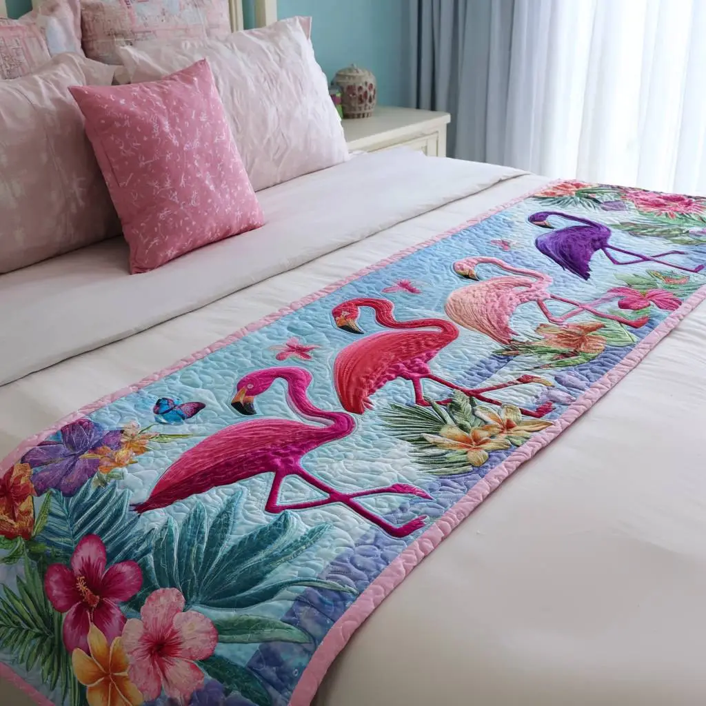 Flamingo Bloom Quilted Bed Runner Flamingo Bloom Island Gift