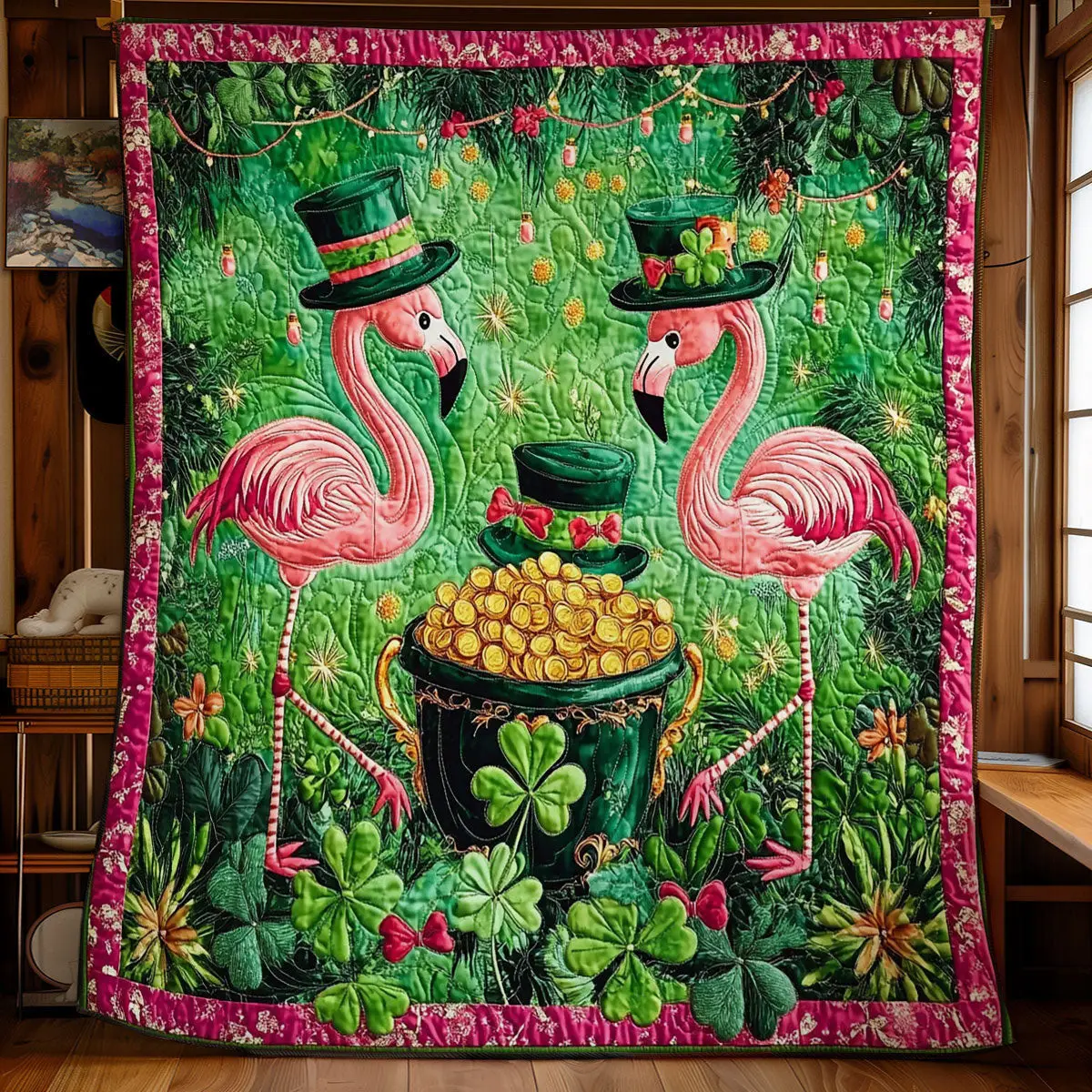 Flamingo Fortune Quilted Blanket Rustic Home Decor St Pats Gifts For Flamingo Lovers