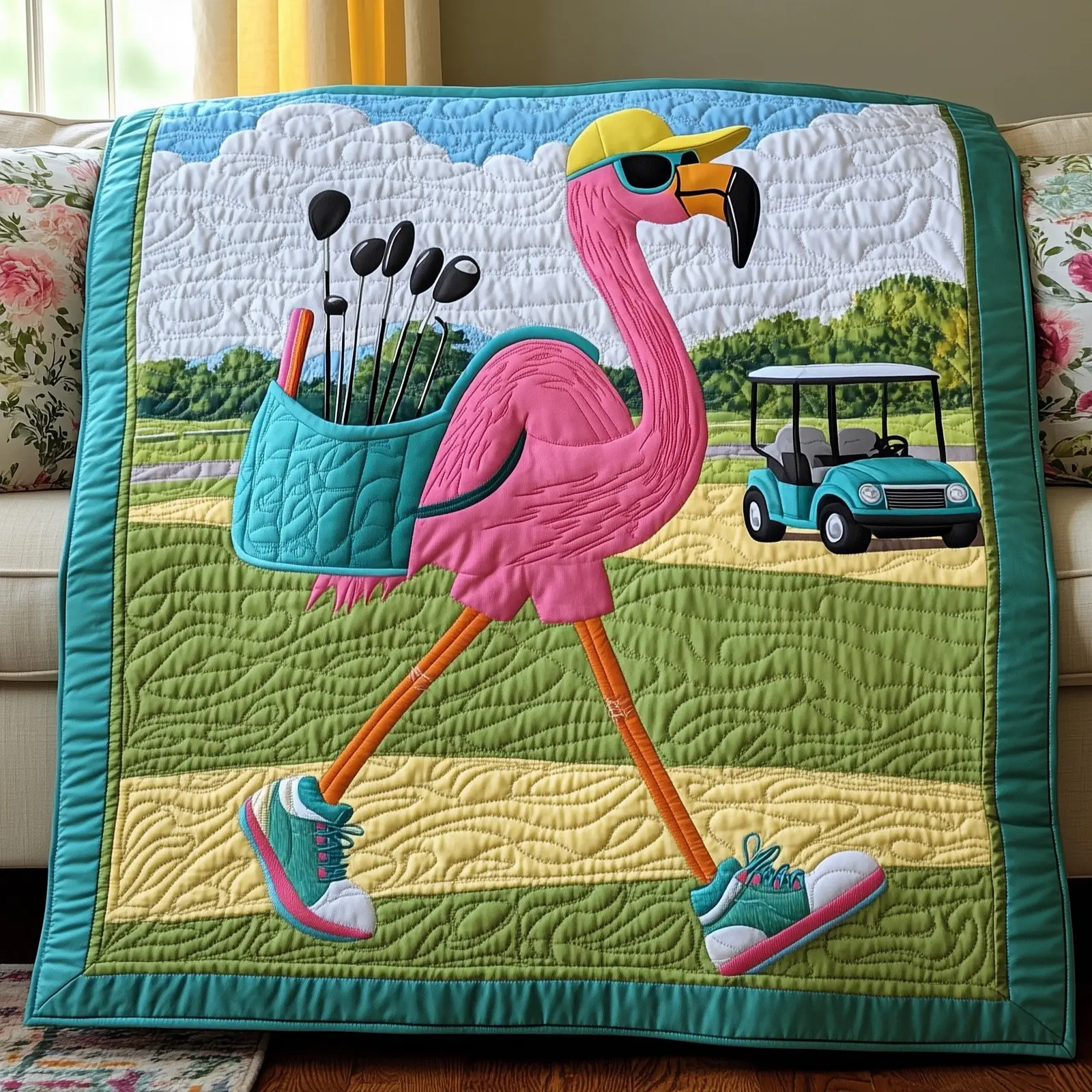 Flamingo On The Fairway Quilted Blanket Funky Golf Pink Flamingo And Golf Gift Ideas
