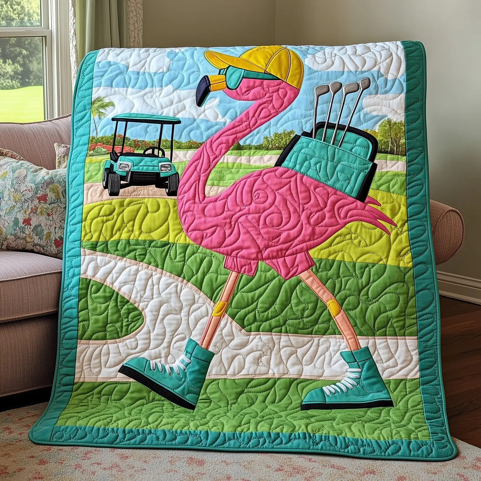 Flamingo On The Fairway Quilted Blanket Pink Flamingo Tropical Golf Themed Gift Ideas