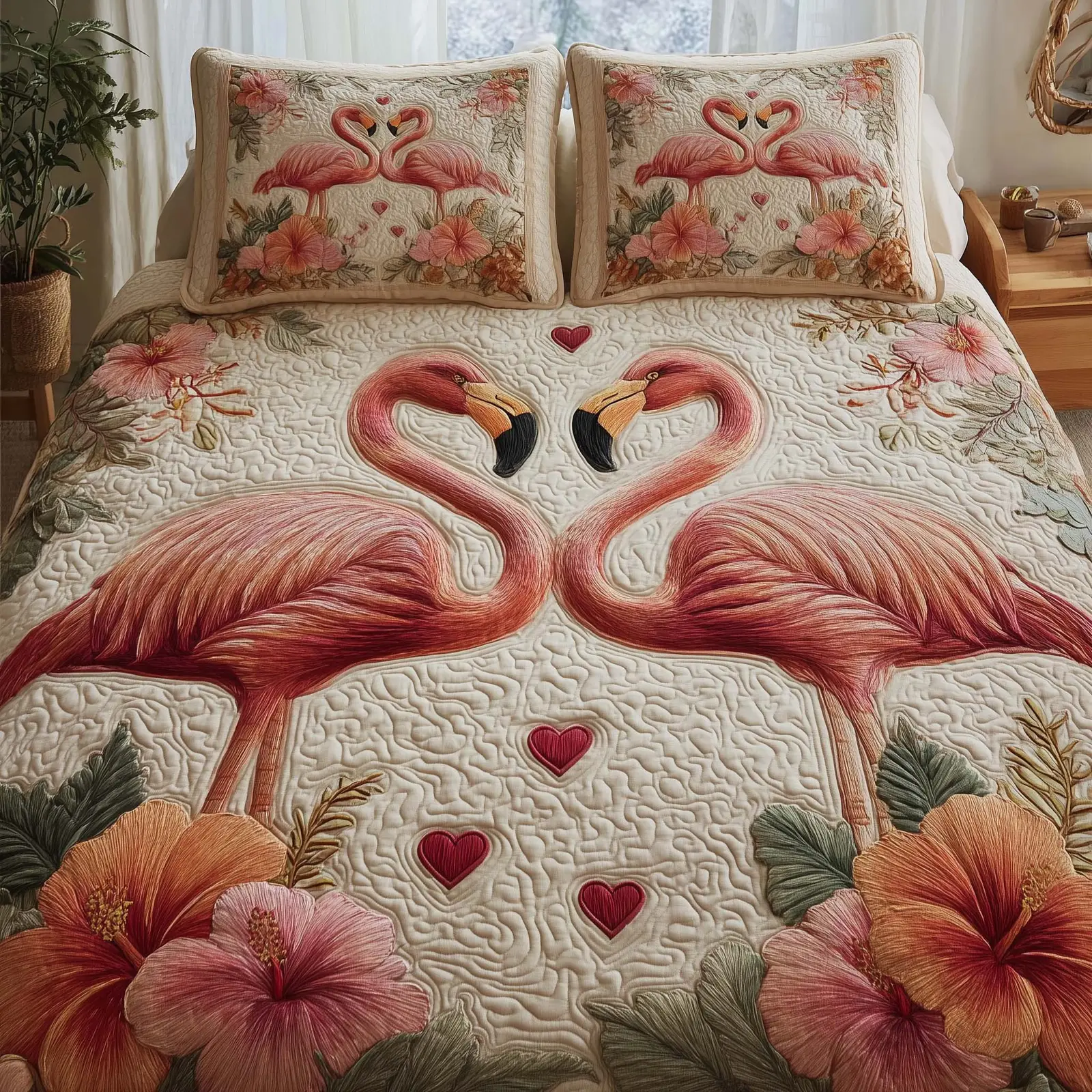 Flamingo Quilted Bedding Set Gift For Friend Families For Valentine Day