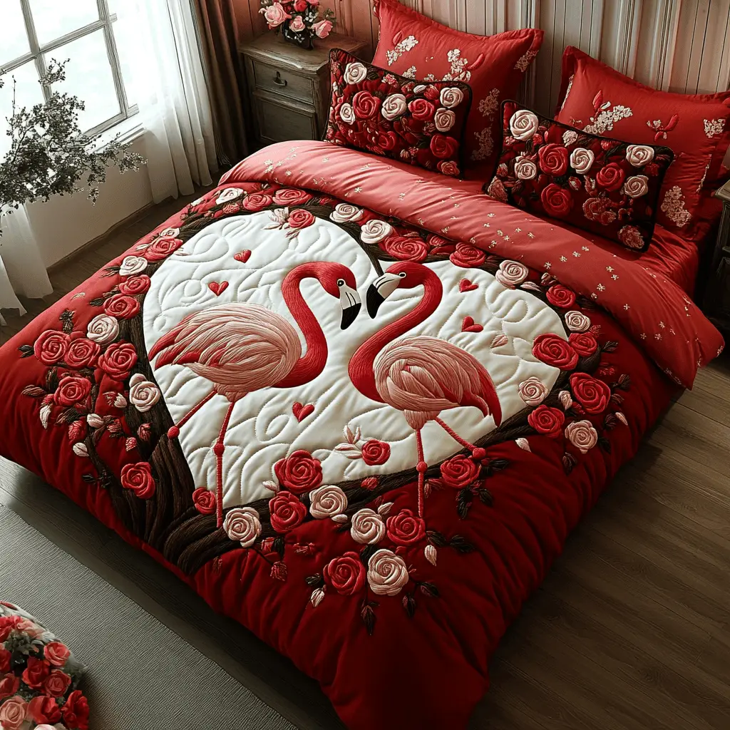 Flamingo Tango Quilted Bedding Set Modern Home Decor Valentine's Day Gifts Idea