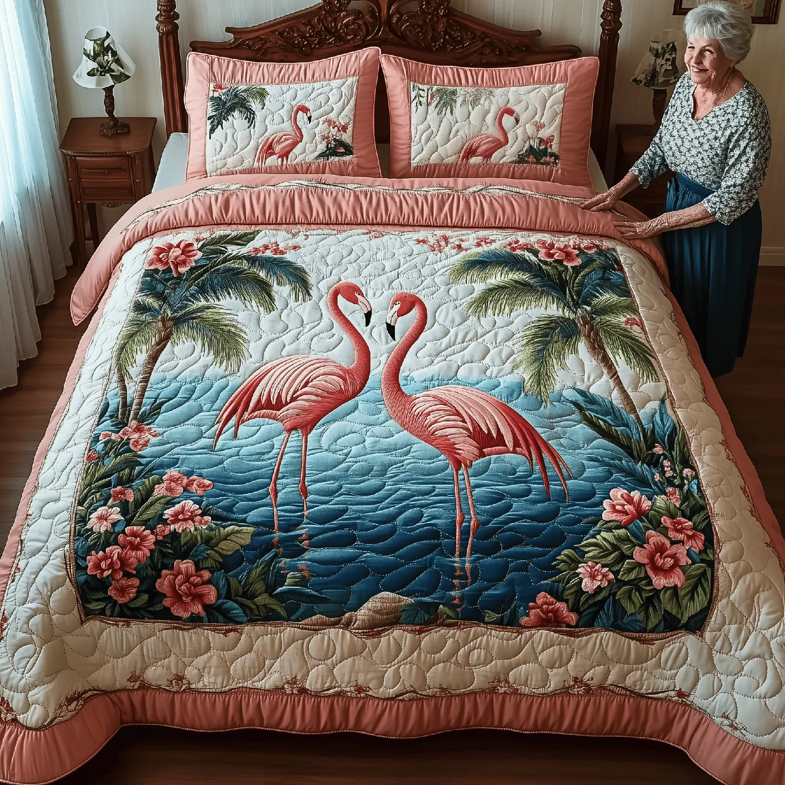 Flamingo Tropical Haven Quilted Bedding Set Valentine Day Presents For Flamingo Lovers