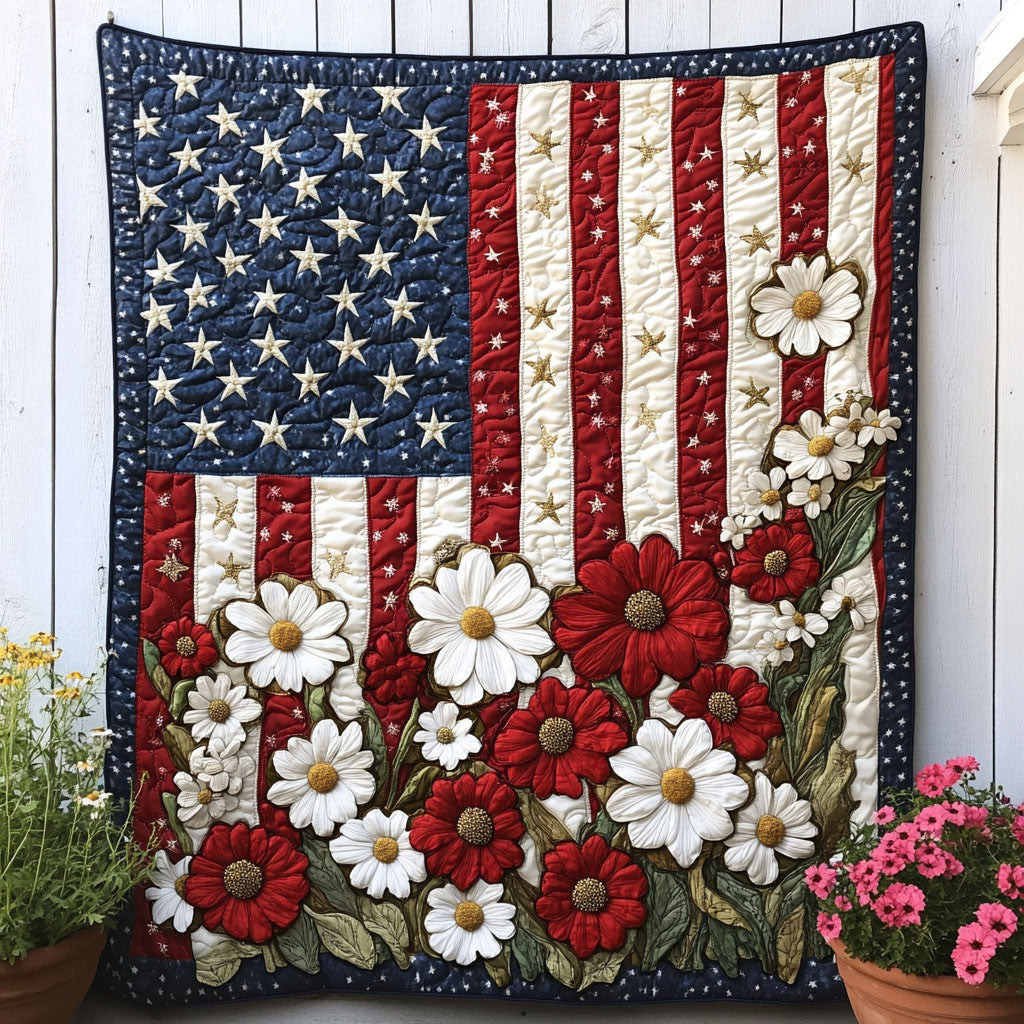 Floral Allegiance Quilted Blanket Cute Throw Blanket Patriotic Gifts For Dad Floral Allegiance Quilted Blanket Cute Throw Blanket Patriotic Gifts For Dad - Image 1