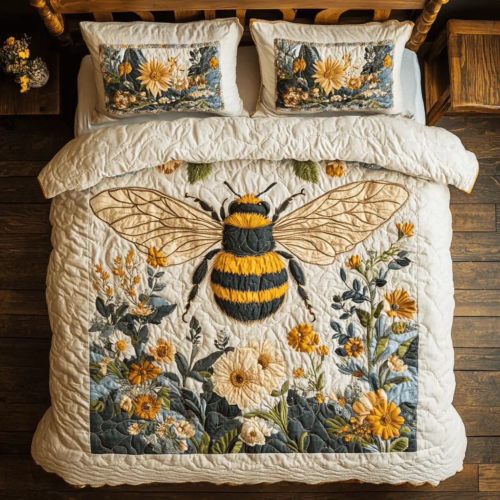 Floral Bee Quilted Bedding Set Duvet Cover Bedspread Present Ideas For Her