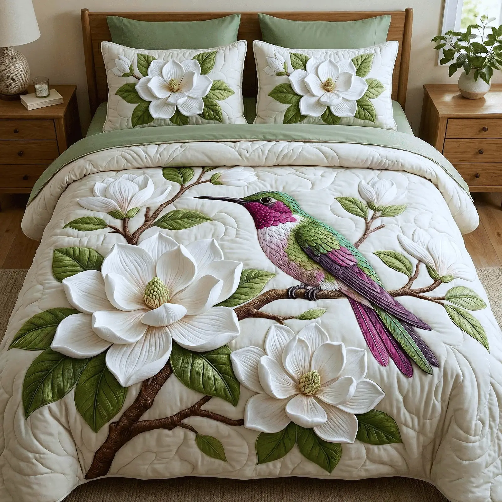 Floral Bird Quilt Bedding Set Elegant White Bedspread Gift for Mother In Law