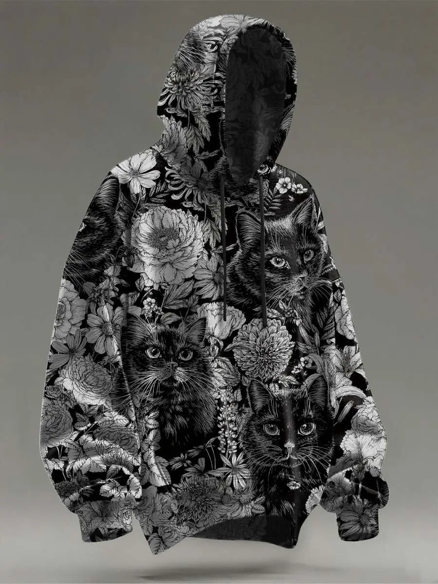Floral Black Cat Hoodie Flower Clothing Halloween Holiday Gifts For Cat Lovers