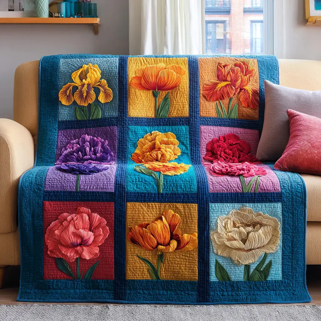 Floral Bloom Grid Quilted Blanket Patchwork Garden Decor Best Gift For Flower Lover Fan