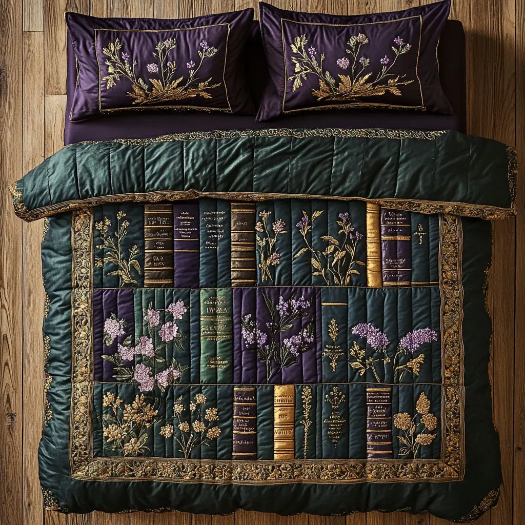 Floral Bookshelf Quilted Bedding Set Duvet Cover Bedspread Gifts For Family