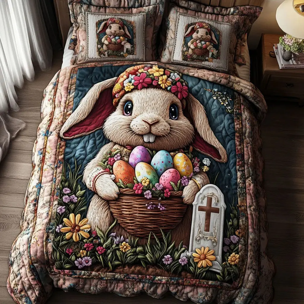 Floral Bunny Basket Quilted Bedding Sets Spring Home Decoration Best Easter Themed Gifts
