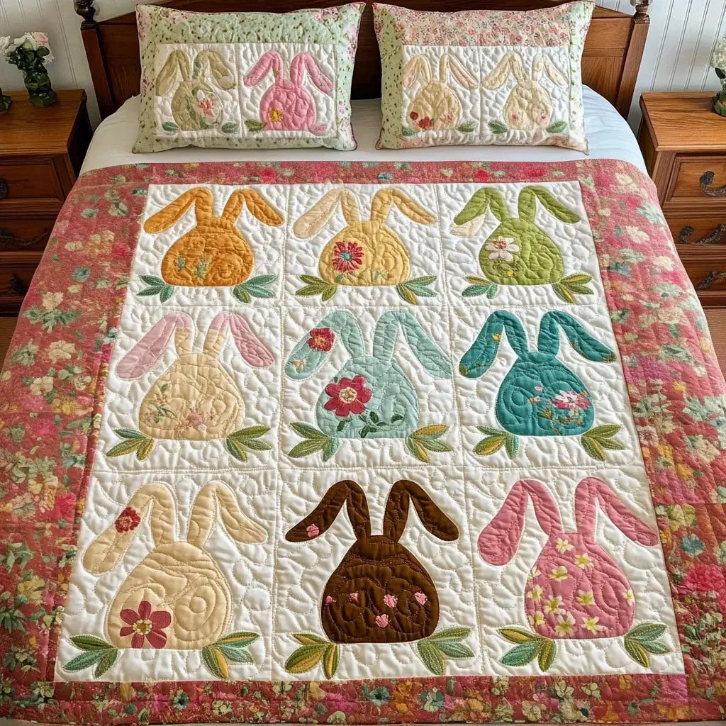 Floral Bunny Garden Quilted Bedding Sets Easter Egg Hunt Wall Decor Gift For Men