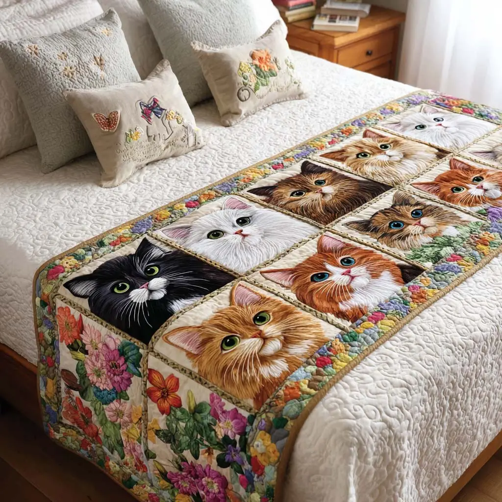 Floral Cats Quilted Bed Runner Floral Cat Pattern Gift for Cat Homes