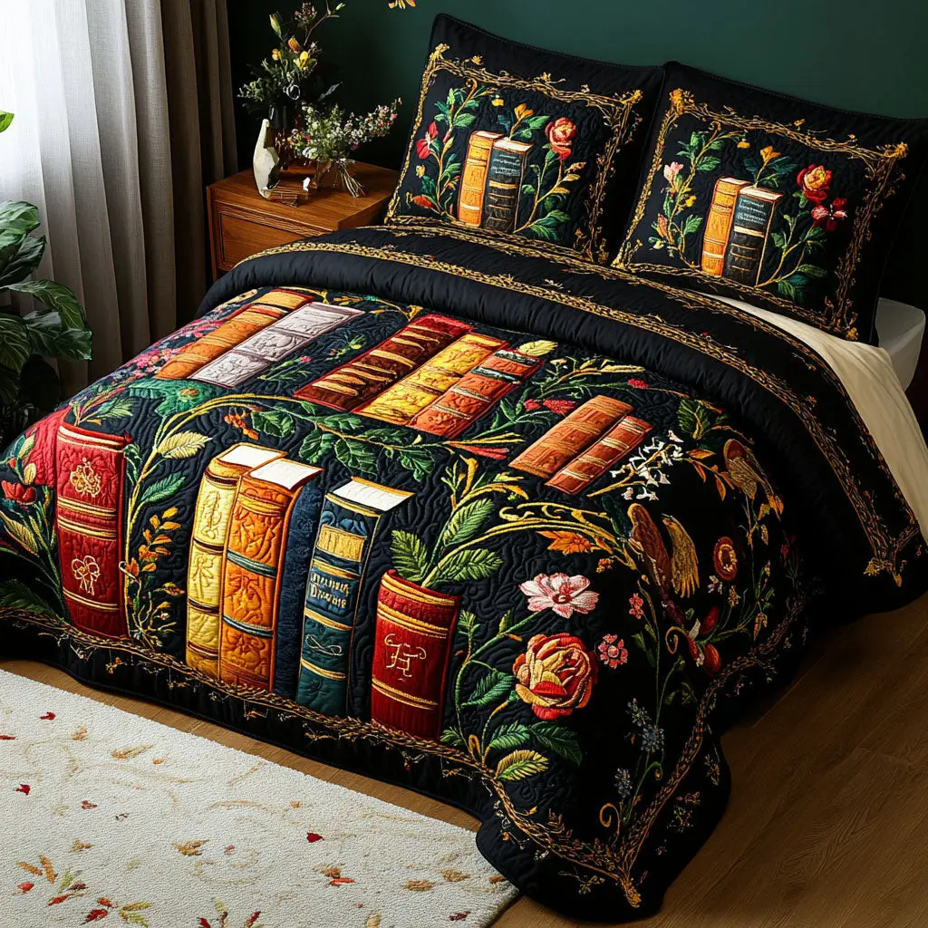 Floral Chapters Quilted Bedding Set Aesthetic Room Decor Great Book Lover Gift Ideas