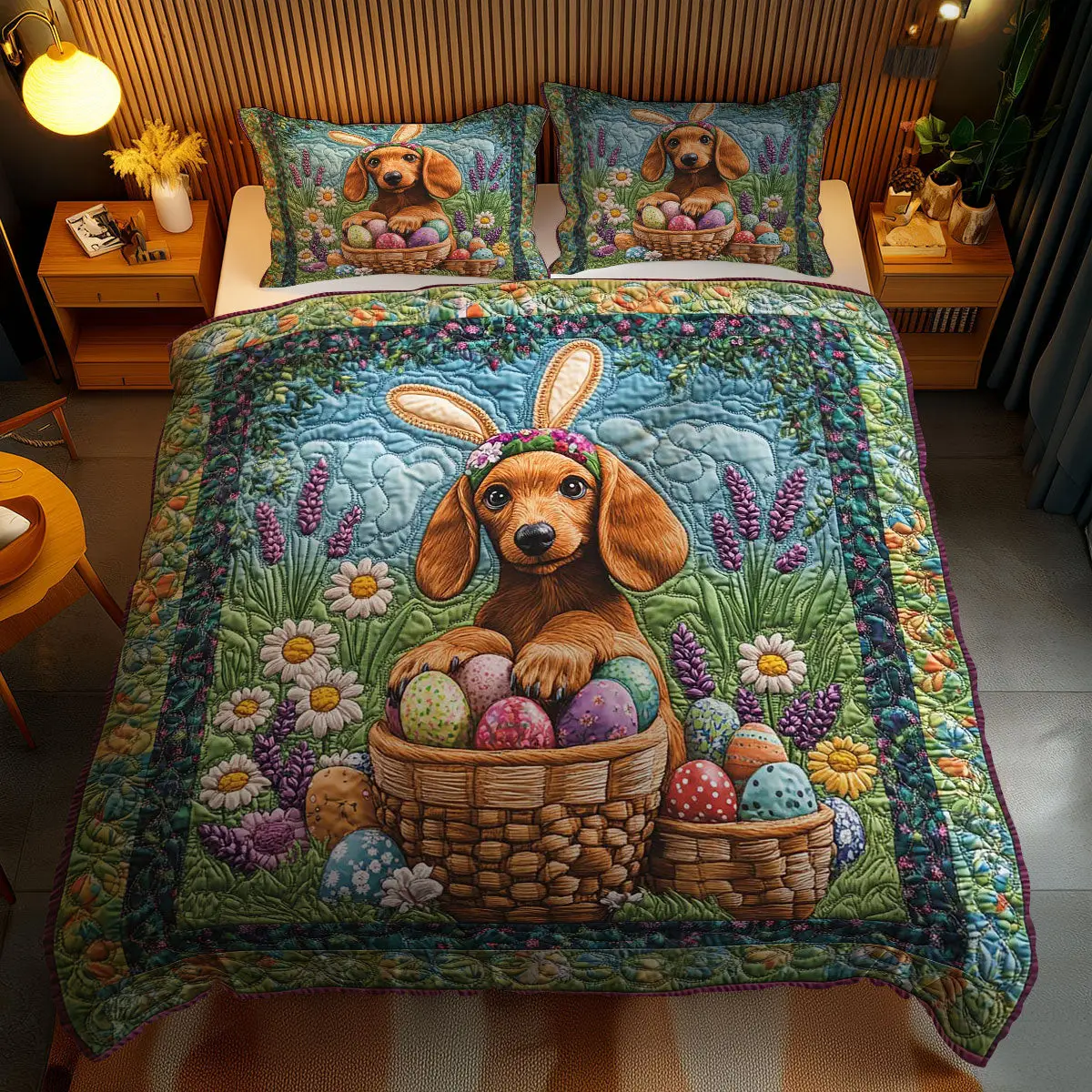 Floral Dachshund Easter Quilted Bedding Set Holiday Bedspread Set Gifts For Ideas Brother