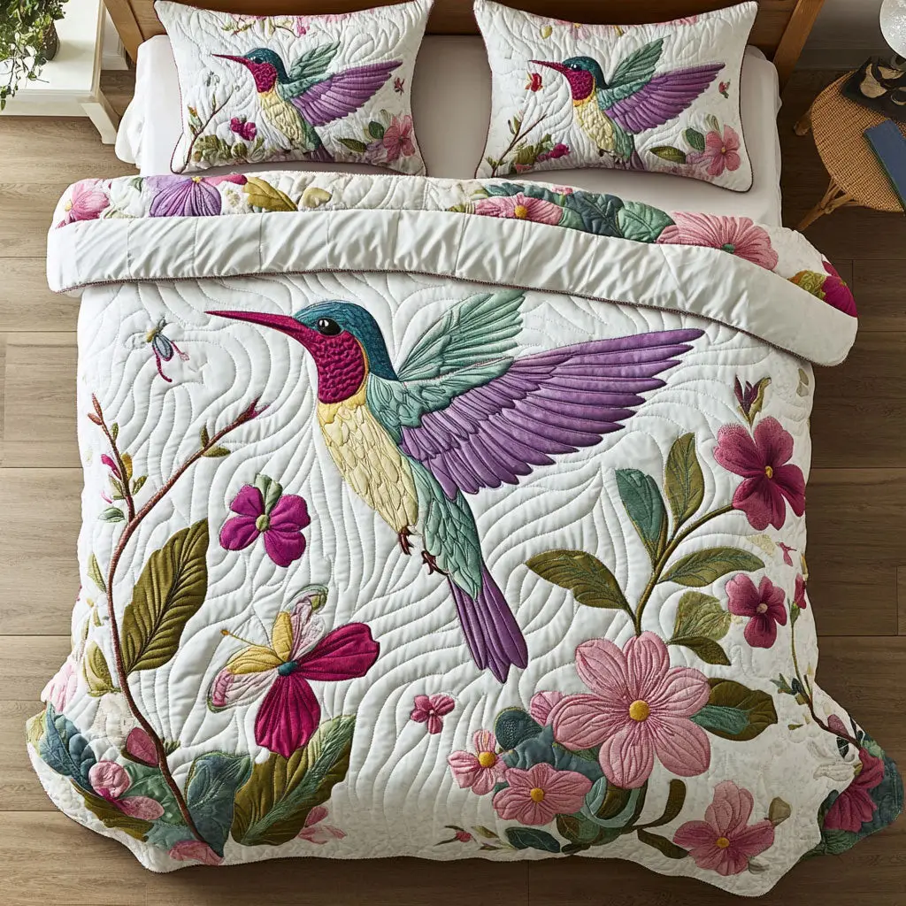 Floral Dance Hummingbird Quilted Bedding Set Duvet Cover Bedspread  Bedroom Decor For Couples