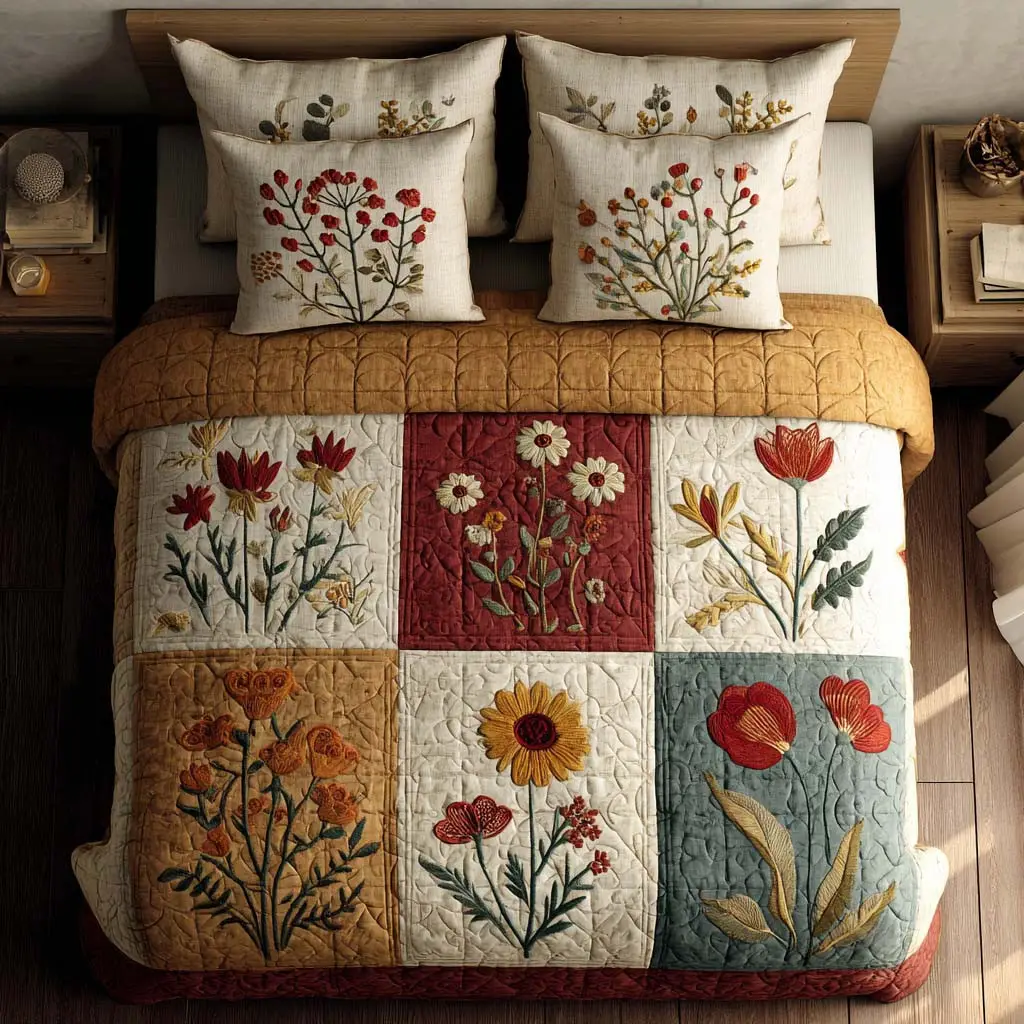 Floral Dreams Quilted Bedding Set Boho Floral Bedroom Decor Best Gift For Flower Lovers