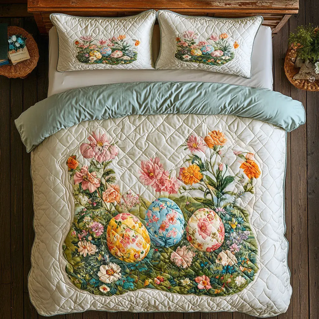 Floral Eggscape Quilted Bedding Set Holiday Bed Sheet Set Gifts For Best Friends