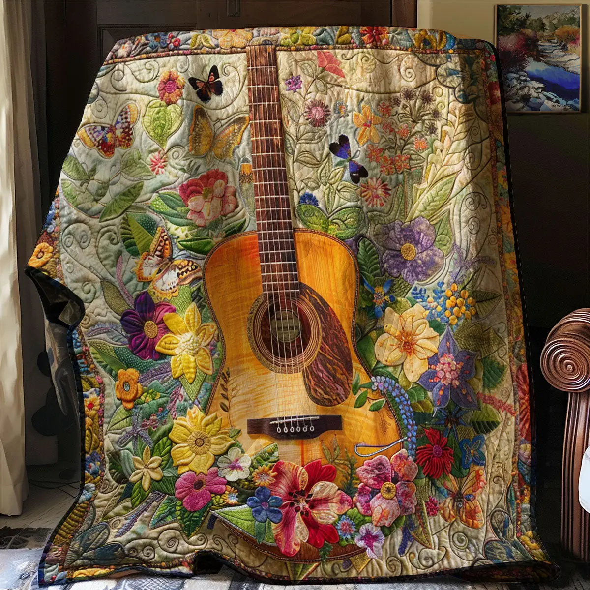 Floral Electric Guitar Quilt Blanket Art Throw Blanket Unique Gifts For Guitar Lovers