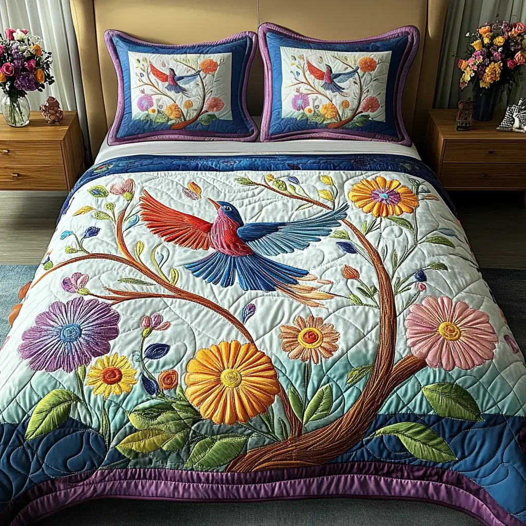 Floral Essence Quilted Bedding Set Bed Decor Gift Ideas For Bird Watchers