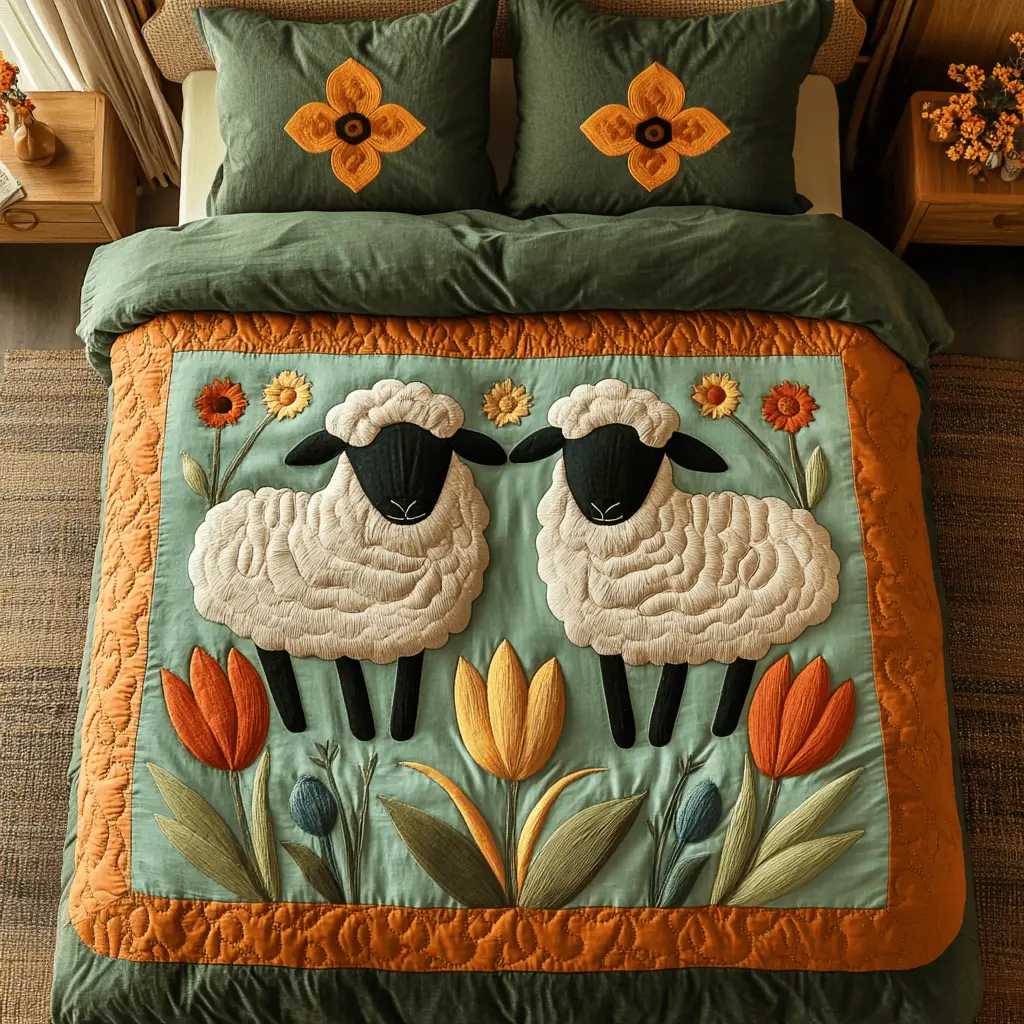 Floral Fleece Quilted Bedding Set Bed Decorations Sheep Themed Gifts