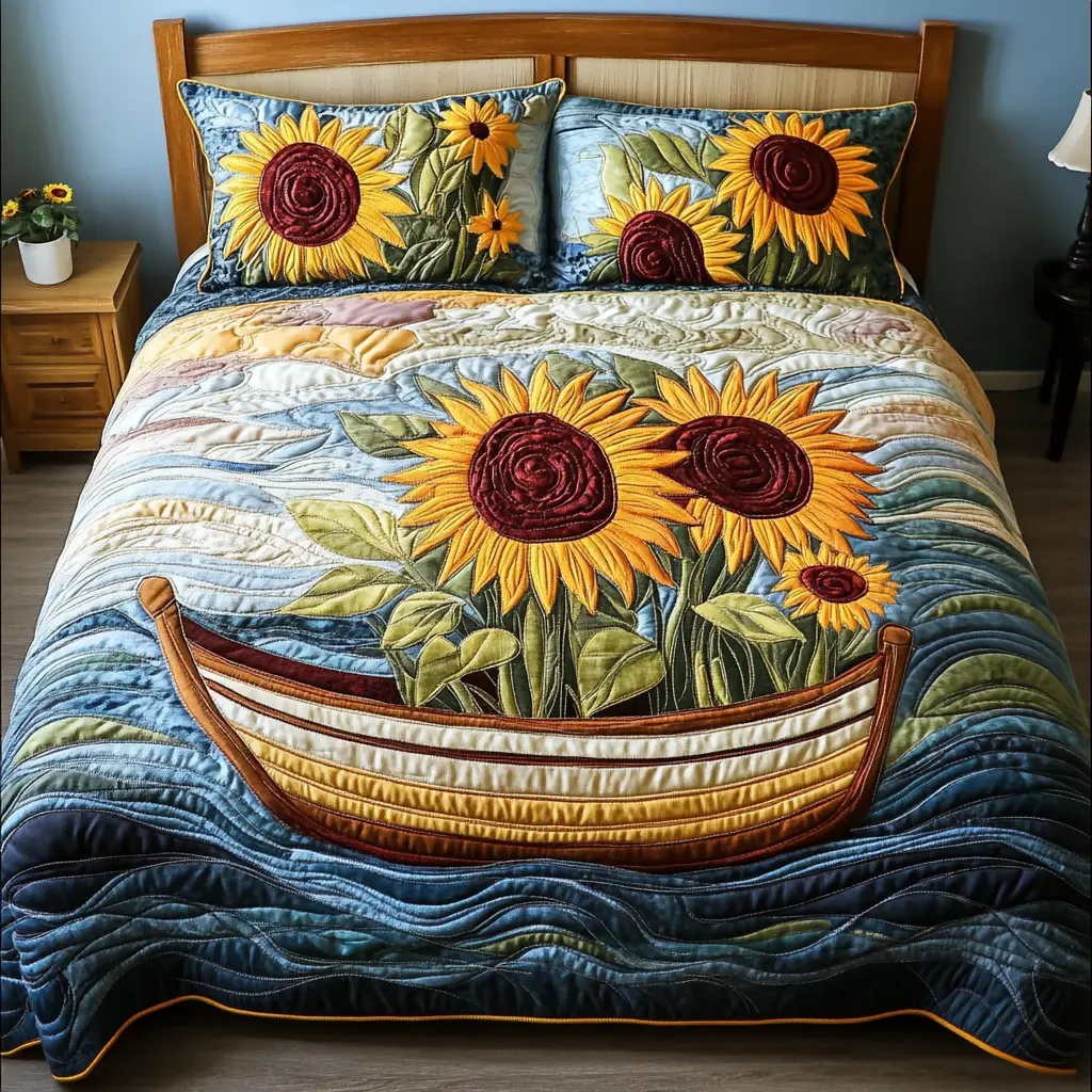 Floral Glow Quilted Bedding Set Best Bedspread Set Sunflower Items For Gifts