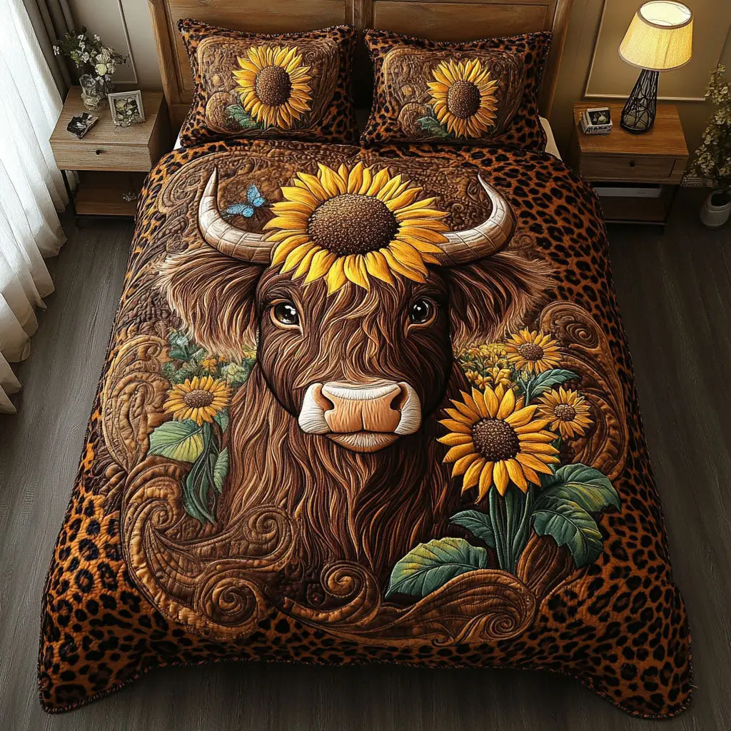 Floral Harmony Quilted Bedding Set Cozy Bedroom Decor Highland Cattle Gifts For Her