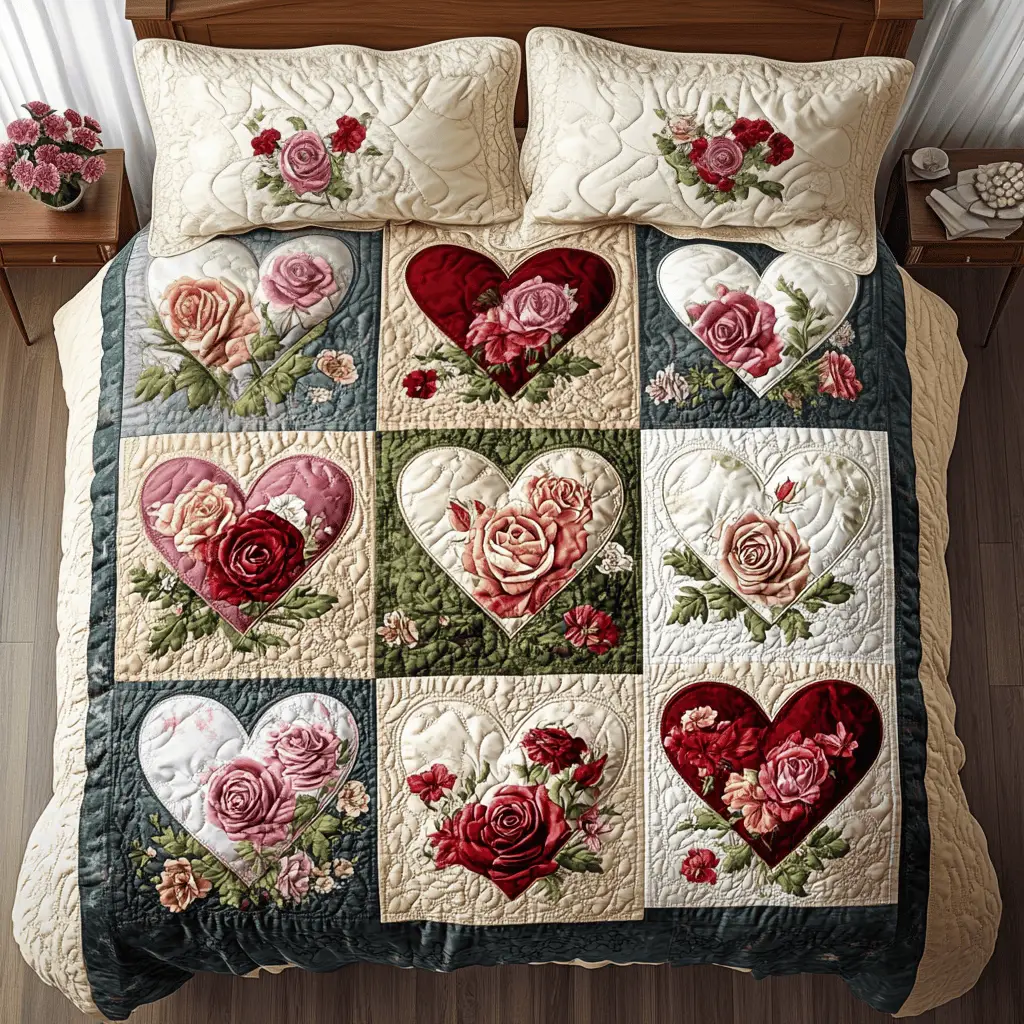Floral Heart Trails Quilted Bedding Set Valentine Day Presents For Brother In Law