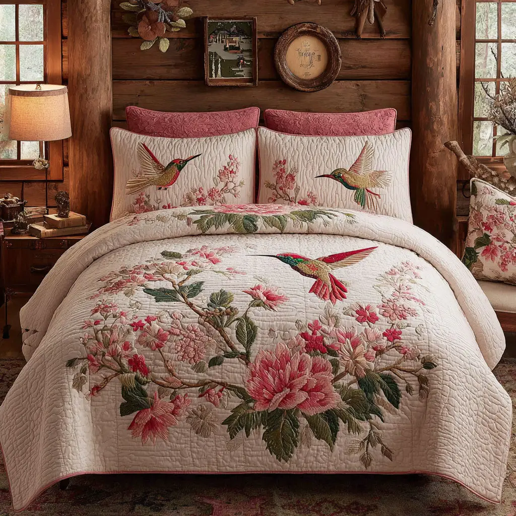 Floral Hummingbird Quilted Bedding Set Duvet Cover Bedspread  Bedroom Decorative For Couples