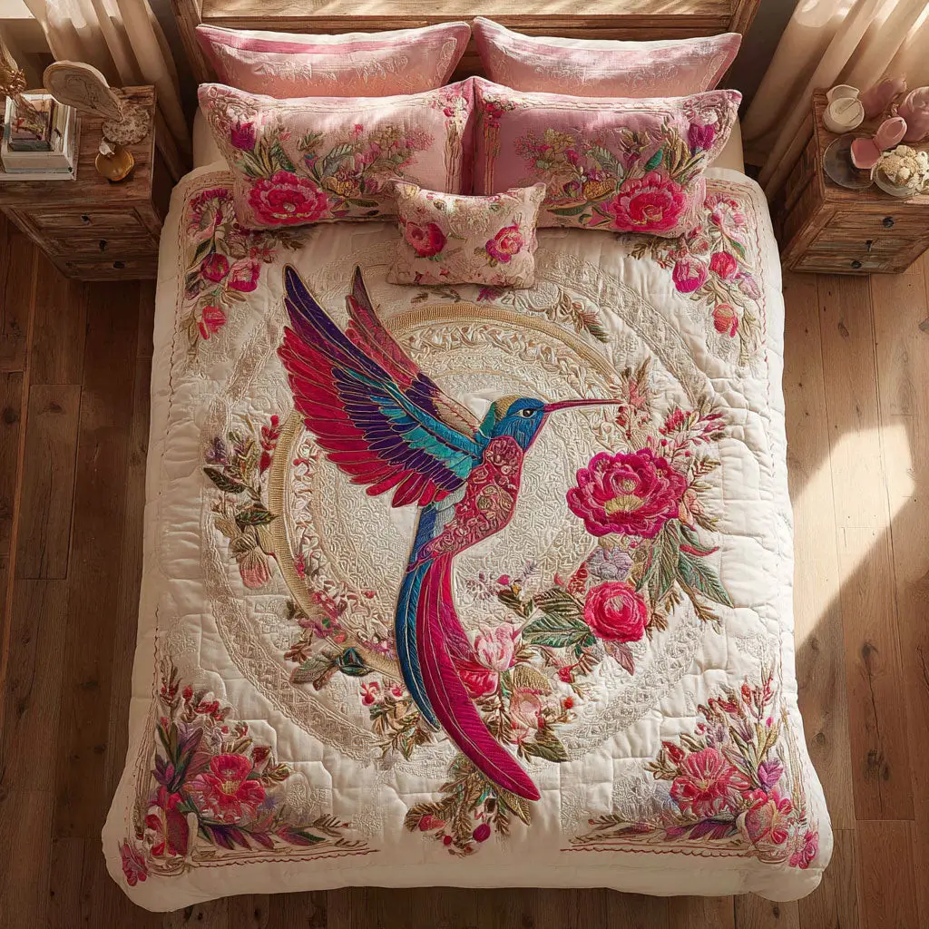 Floral Hummingbird Whisper Quilted Bedding Set Duvet Cover Bedspread Bedroom Decor Presents For Men
