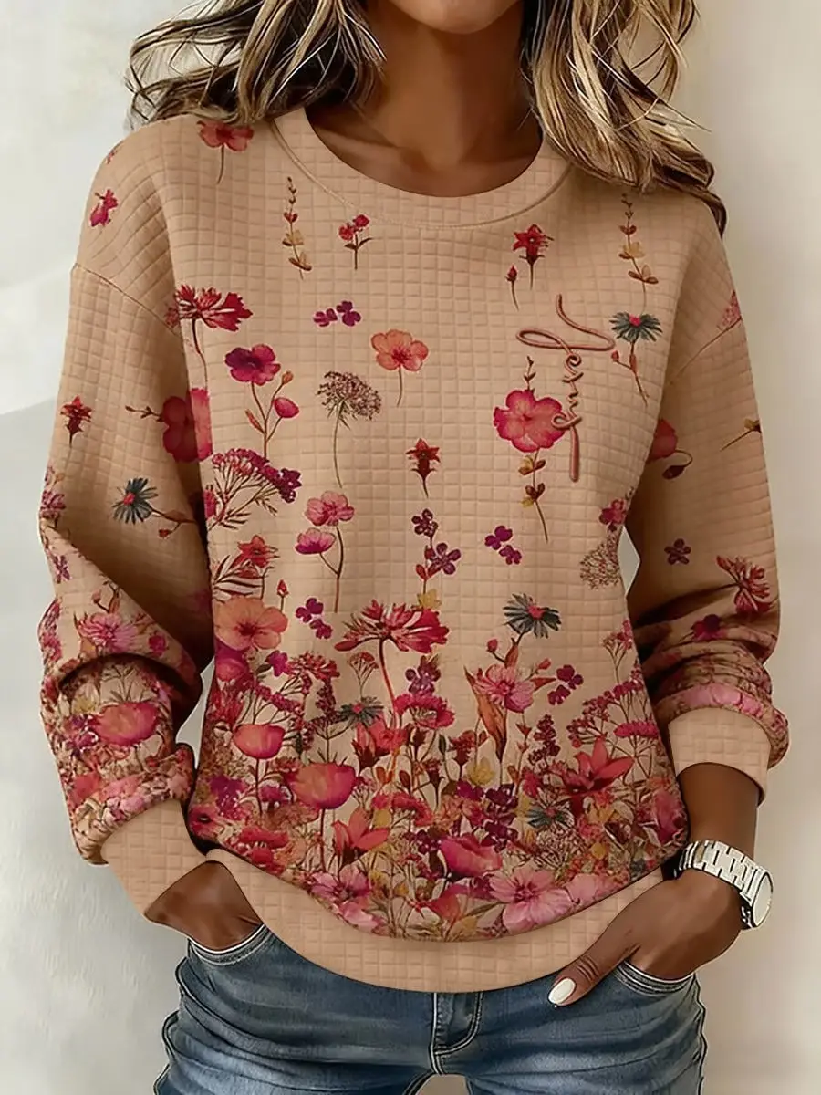 Floral Pattern Vintage Waffle Sweatshirt Retro Flower Aesthetic Cozy Gift Clothes