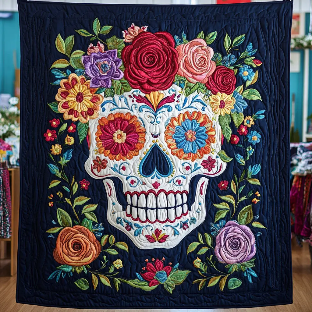 Floral Skull Quilt Blanket Winter Throw Blanket Gothic Holiday Present Ideas 2025 Floral Skull Quilt Blanket Winter Throw Blanket Gothic Holiday Present Ideas 2025 - Image 1