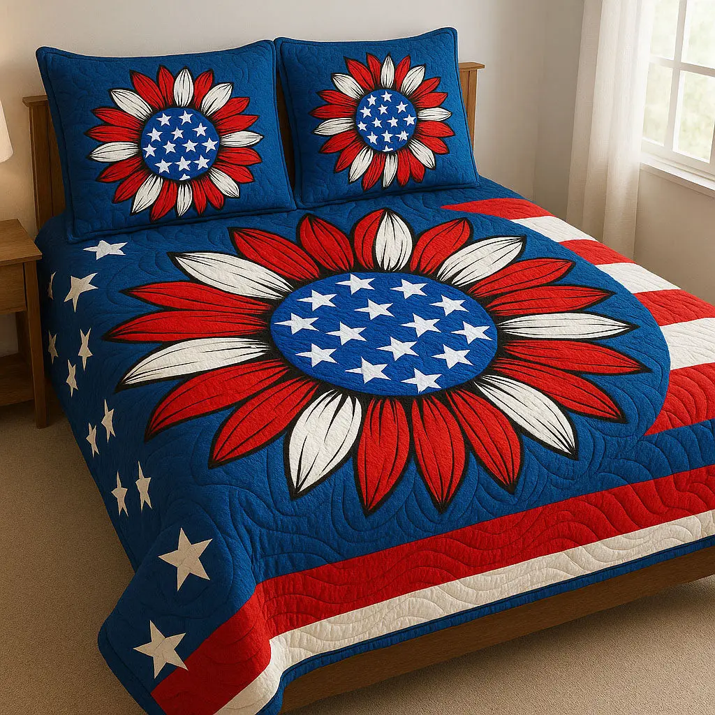 Floral Stars and Stripes  Quilted Bedding Set  Duvet Covers 4Th Of July Neighbor Gifts