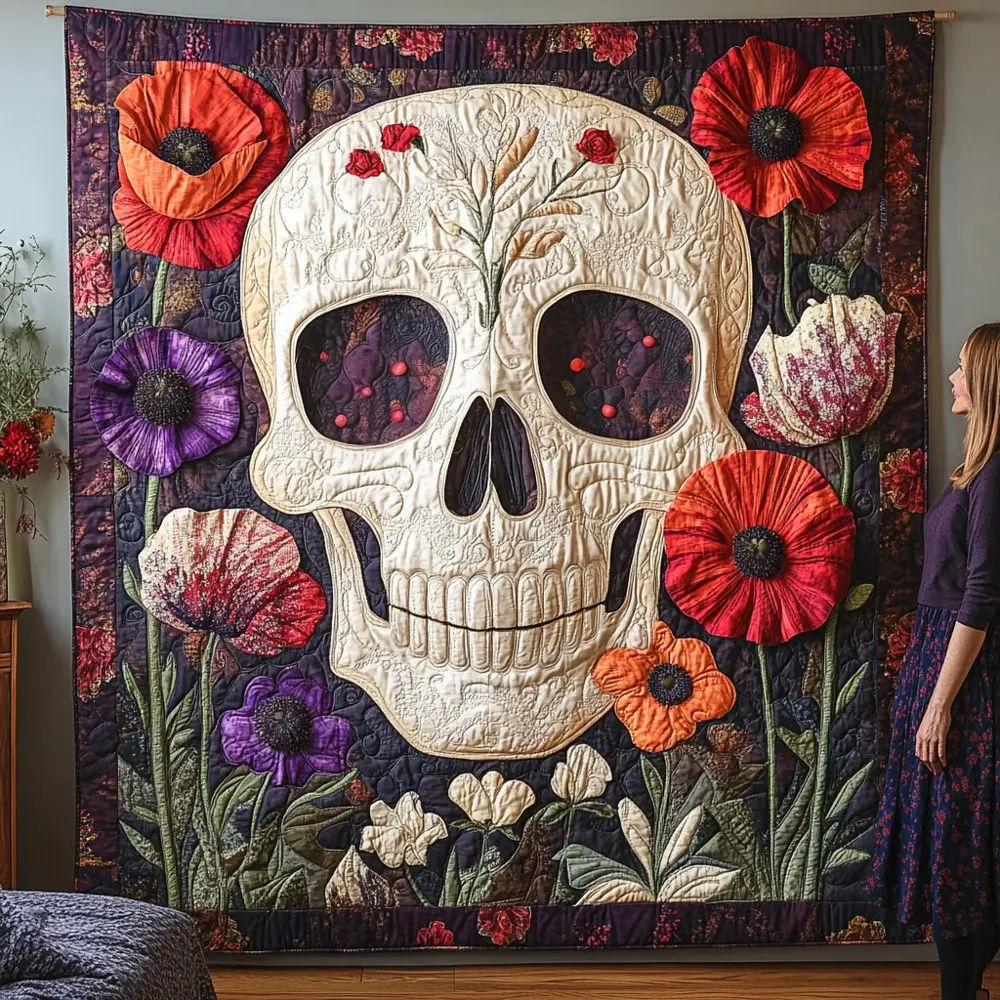 Floral Sugar Skull Quilted Blanket Day Of Dead Poppy Art Throw Best Gift For Halloween Skull Fan Decor