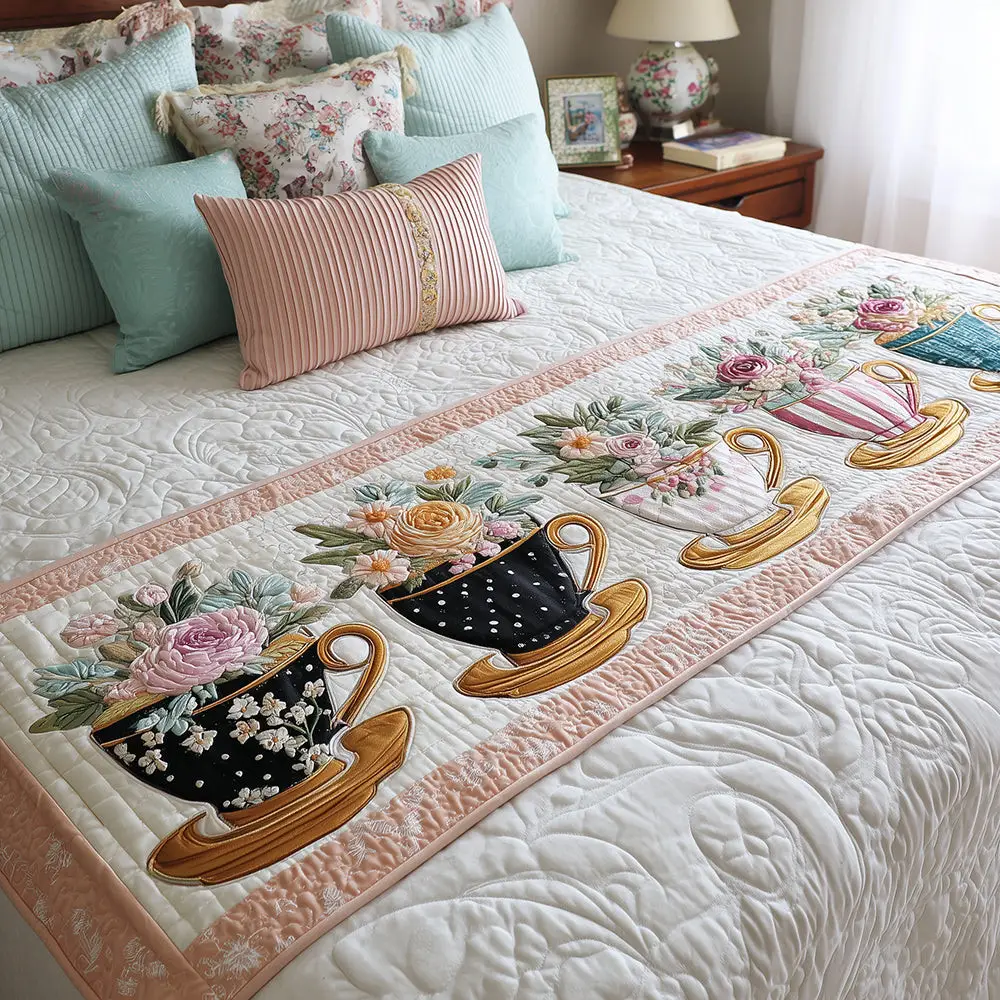 Floral Teapot Waltz Quilted Bed Runner Floral Teapot Waltz Tea Lover Gift