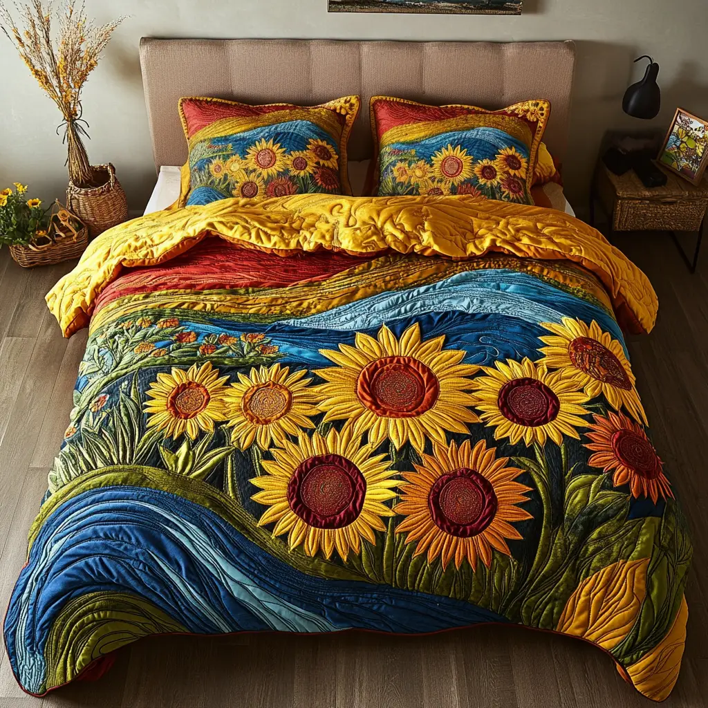 Floral Waves Quilted Bedding Set Bed Decorations Gifts For Sunflower Lovers