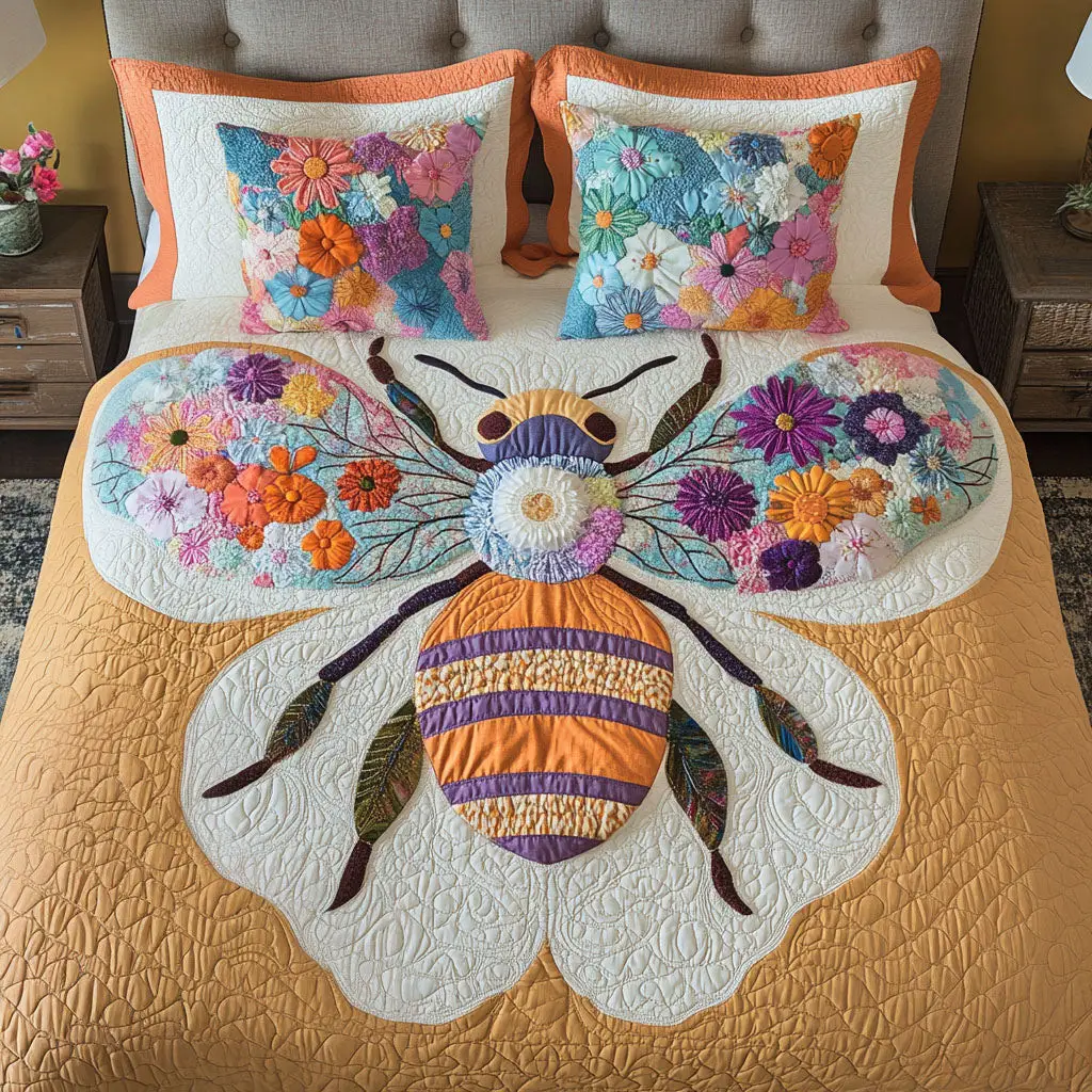 Floral Wings Bee Quilted Bedding Set Best Comforter Sets Best Bee Gifts For Men