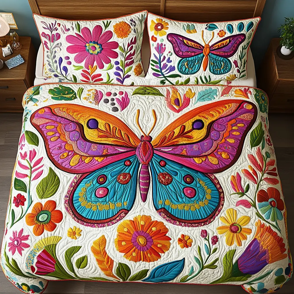 Floral Wings Quilted Bedding Set Bed Decorations Gifts With Butterfly Theme