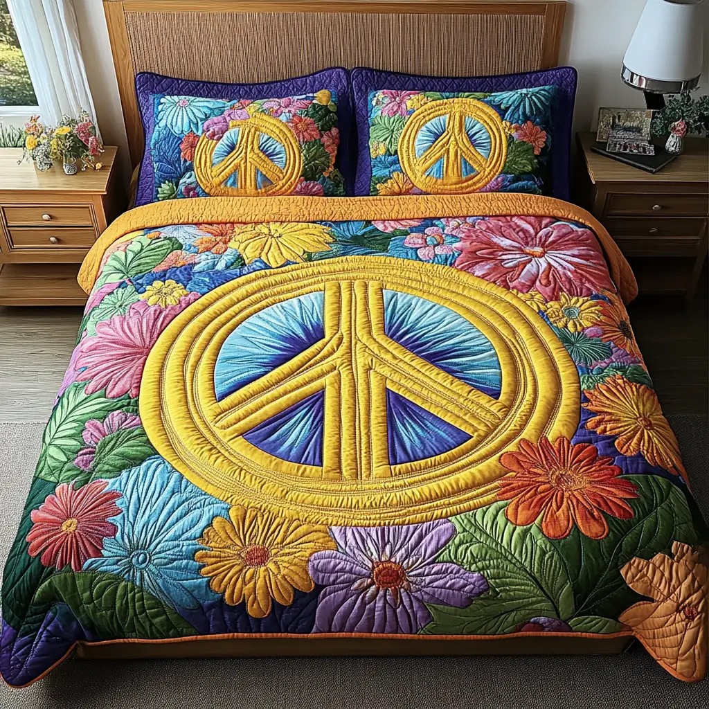 Flower Peace Quilted Bedding Set Cozy Bedding Merch Gift That Brings Sweet Dreams