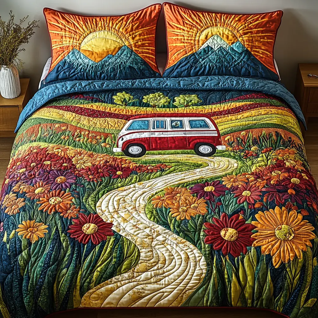 Flower Power Ride Quilted Bedding Set Bed Decorations Hippie Presents