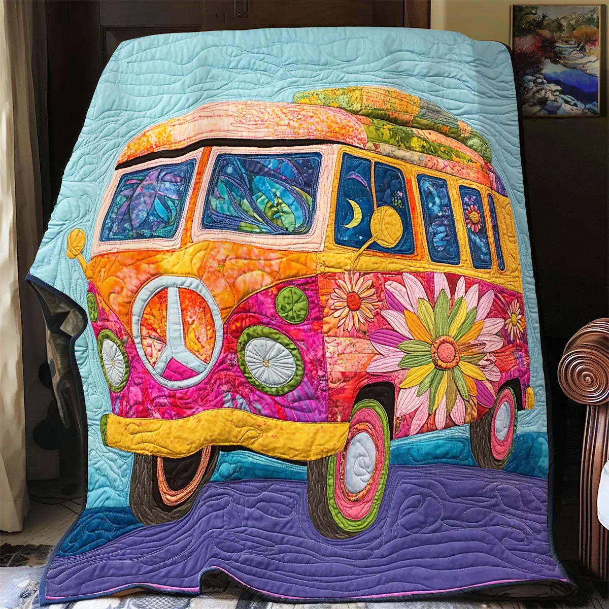 Flower Van Quilt Blanket For Couch Mother's Day Presents For Grandma Flower Van Quilt Blanket For Couch Mother's Day Presents For Grandma - Image 1