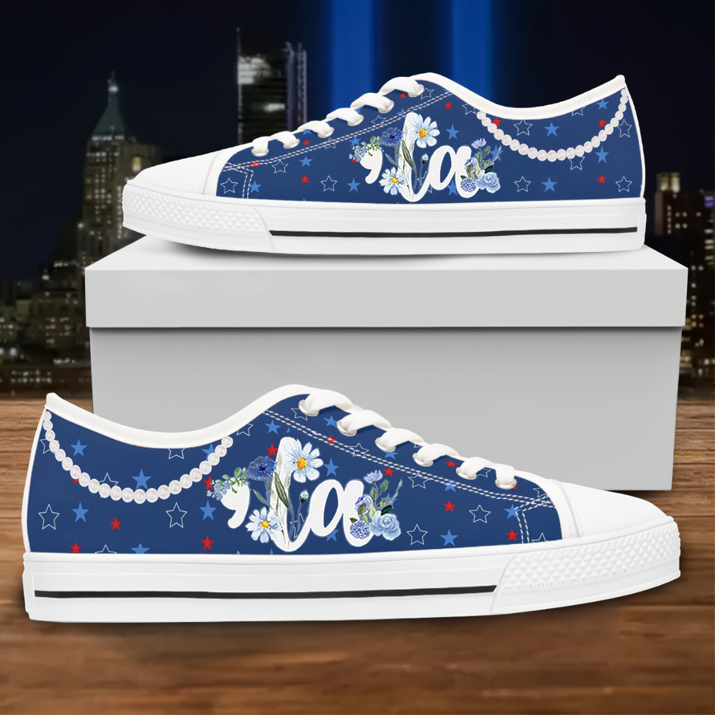 Flowers Vote Harris Comma La Low Top Sneakers Kamala Harris Pearls Blue Low Top Shoes