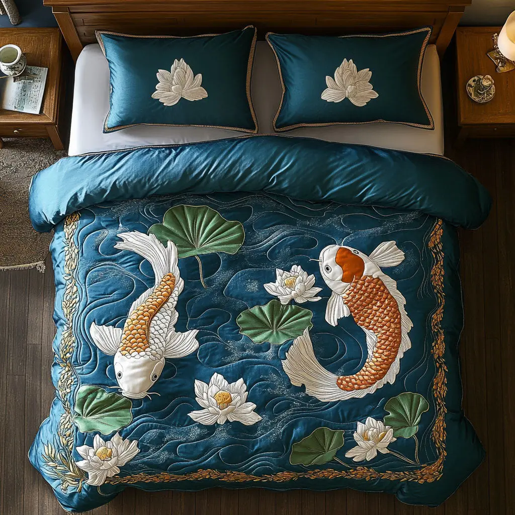 Flowing Koi Quilted Bedding Set Duvet Cover Bedspread  Bedroom Decorative For Couples