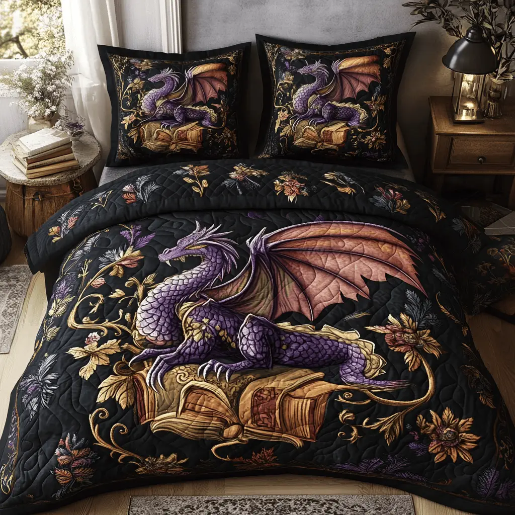 Folklore Dragon Quilted Bedding Set Cute Room Decor Dragon Themed Presents Folklore Dragon Quilted Bedding Set Cute Room Decor Dragon Themed Presents - Image 1