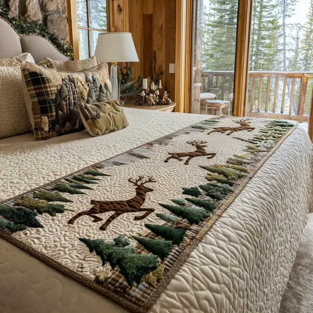 Forest Reindeer Quilted Bed Runner Woodland Reindeer Christmas Gift for Husband