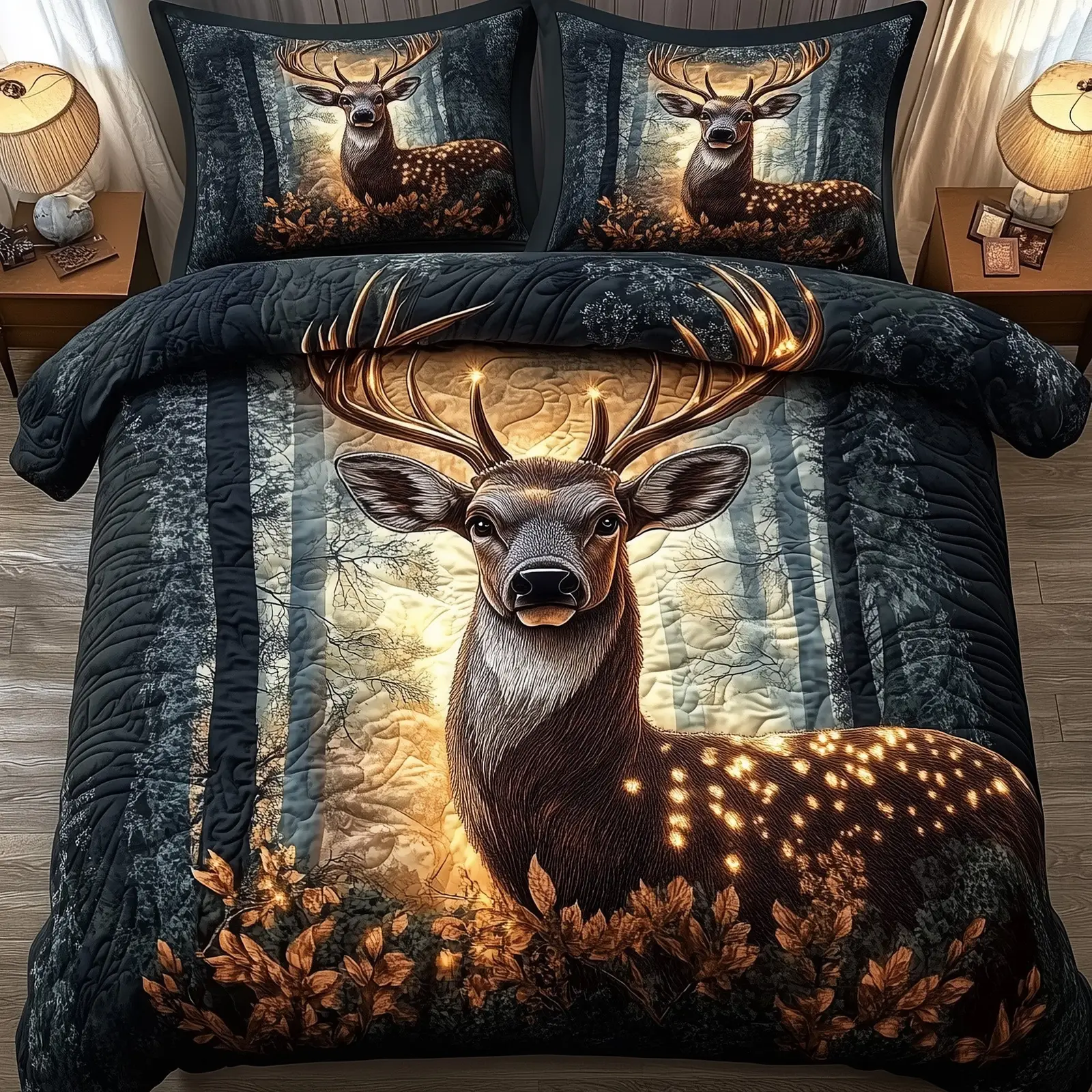 Forest Wanderer Christmas Quilted Bedding Set Duvet Cover Bedspread Xmas Animal Theme Gifts For Him