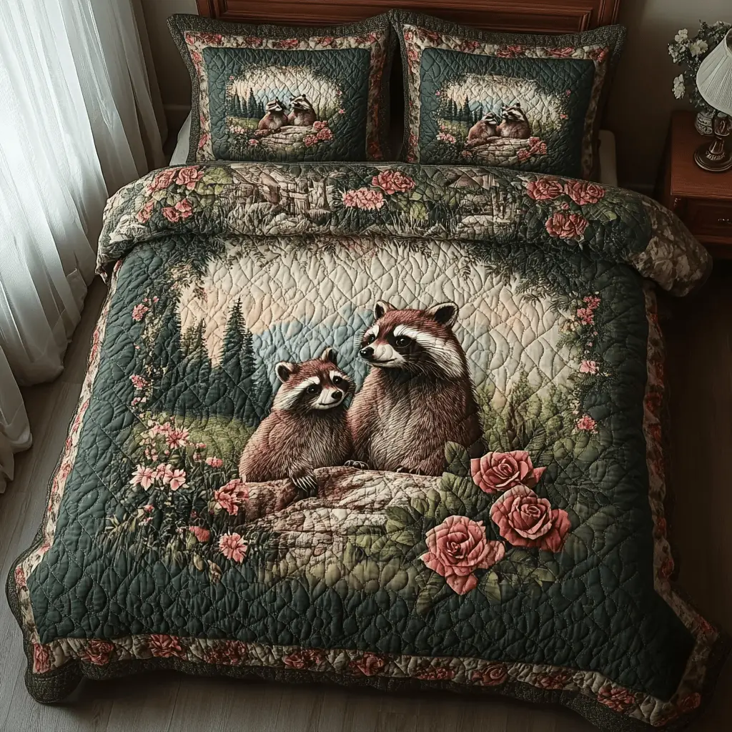 Forest Whispers Quilted Bedding Set Cozy Bedroom Decor Unique Raccoon Gifts