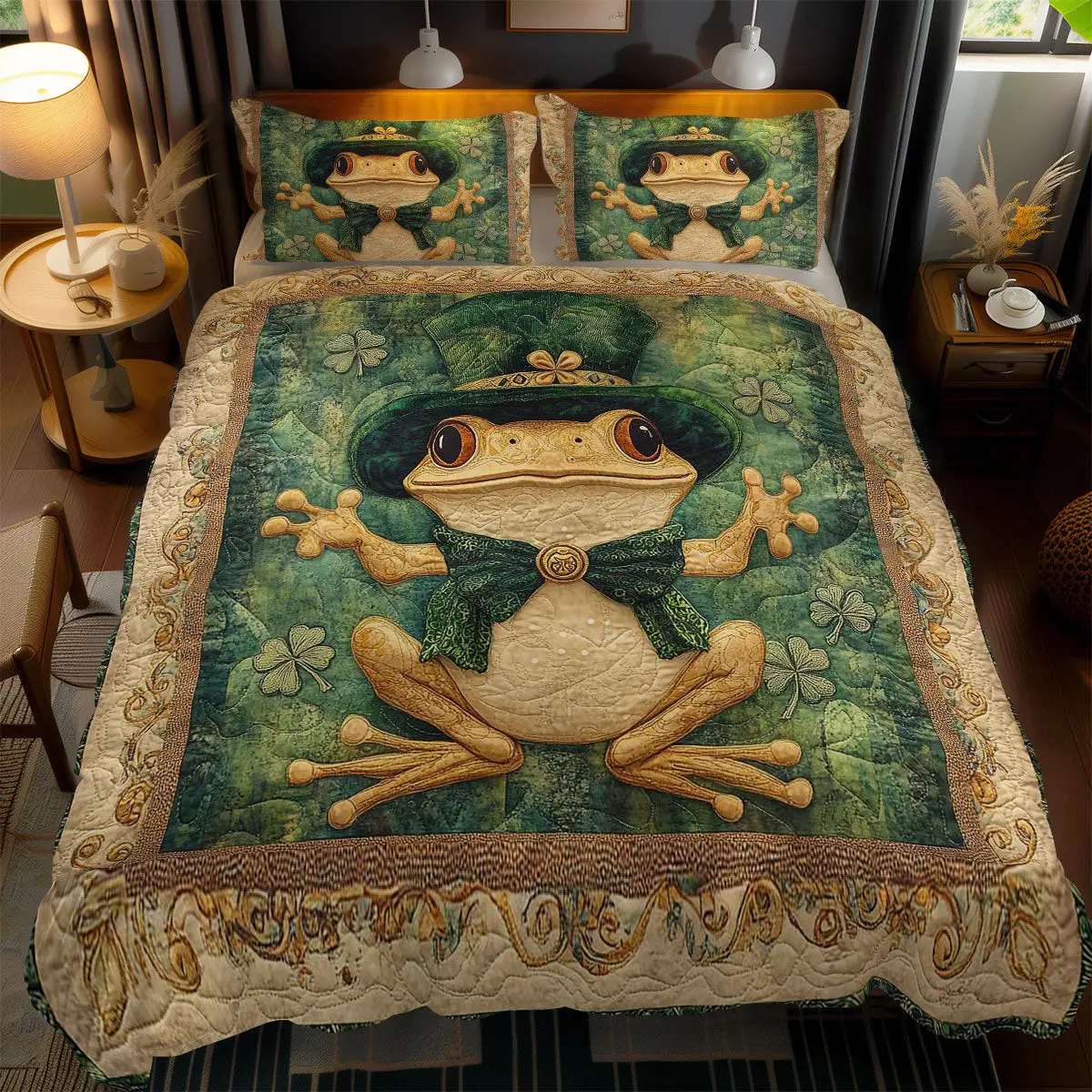 Fortune Frog Quilted Bedding Set Cozy House Decor Idea St Patrick's Day Gift For Frog Lovers